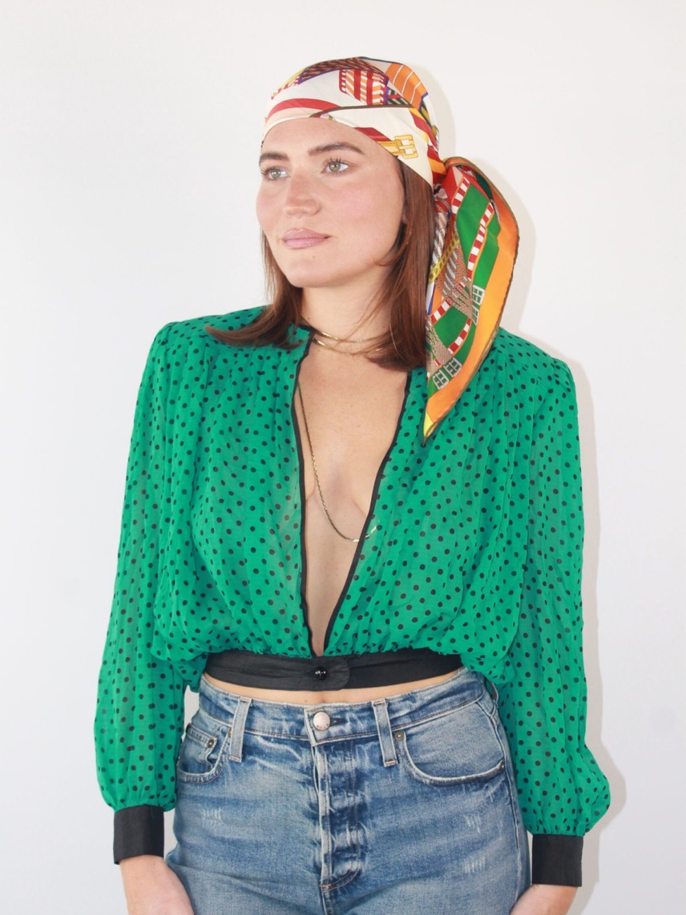 Green Polka Dot V-Neck Women’s Top